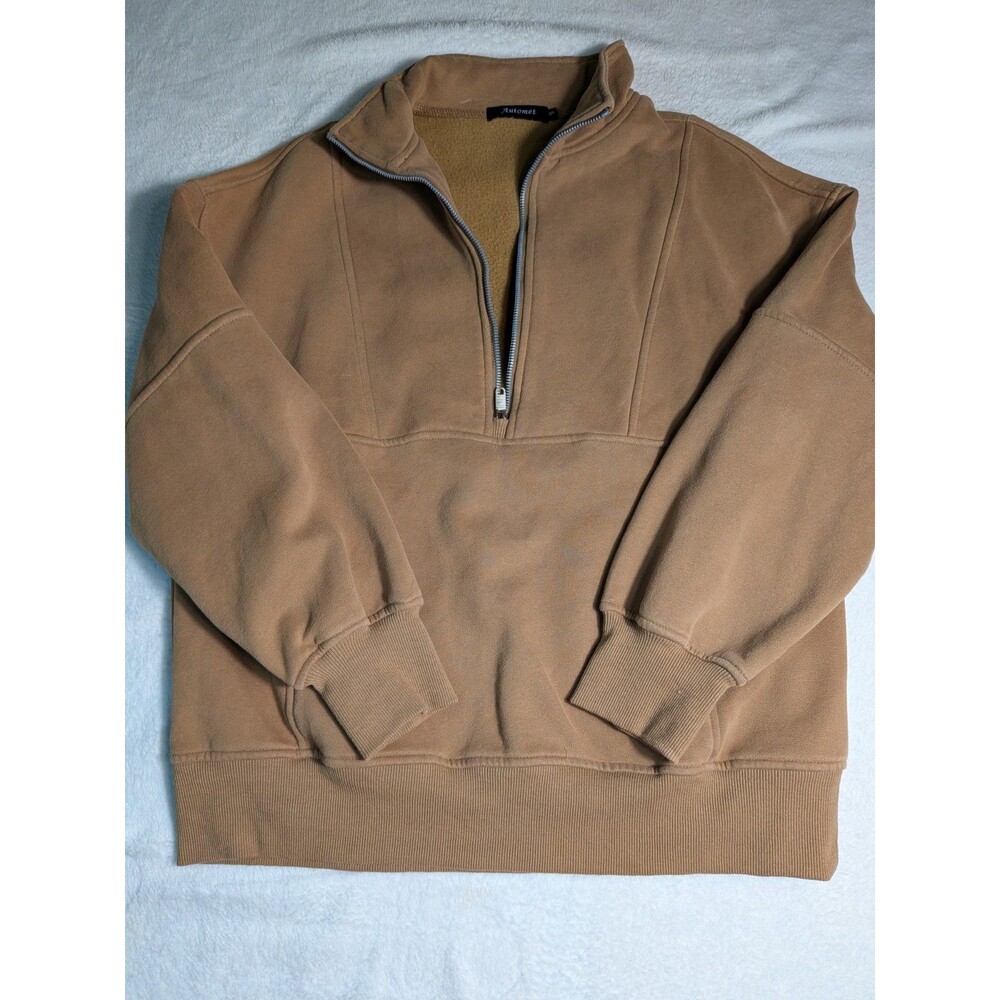 Automet Women's Brown Quarter Zip Fleece Pullover Sweatshirt Kangaroo Pocket S